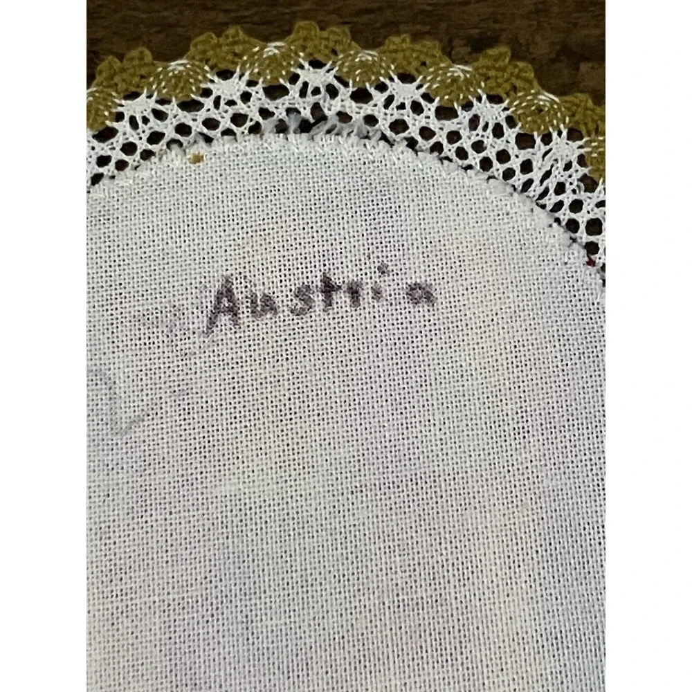 Vintage Austrian Needlepoint Doily Girl Folk Art Lace Edge Hand Embroidered 5